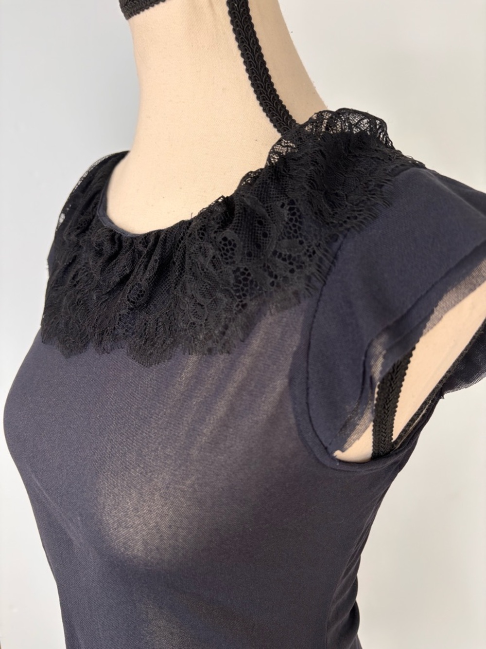 Y2K Sheer Navy Blue & Black Lace Collar Whimsigoth The Limited Going Out Top